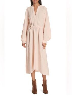 VINCE Sandalwood Beige Crinkle Poet Sleeve Split Neck Asymmetrical Midi Dress